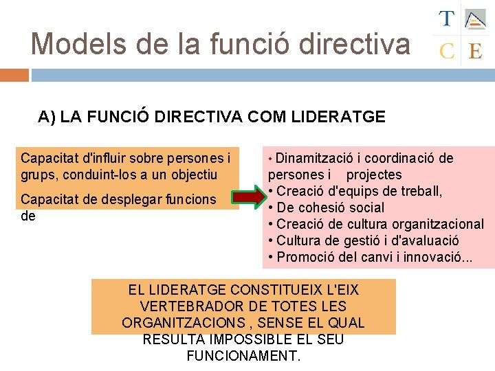 Models de la funció directiva A) LA FUNCIÓ DIRECTIVA COM LIDERATGE Capacitat d'influir sobre