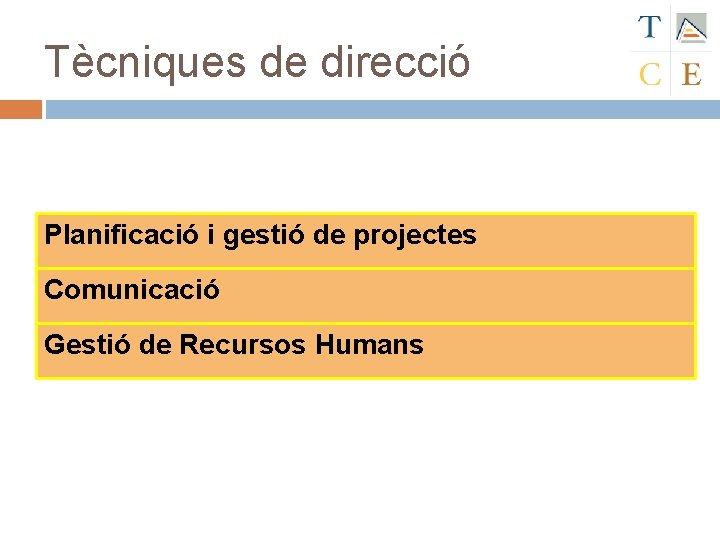 Tècniques de direcció Planificació i gestió de projectes Comunicació Gestió de Recursos Humans 