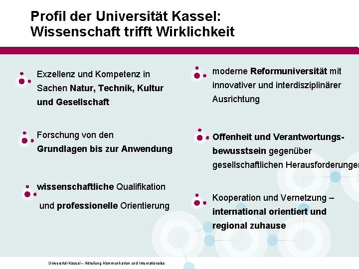 Profil der Universität Kassel: Wissenschaft trifft Wirklichkeit Exzellenz und Kompetenz in moderne Reformuniversität mit