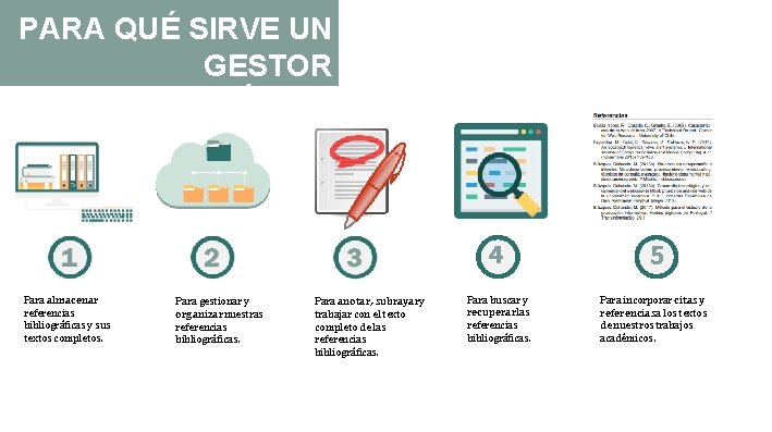 PARA QUÉ SIRVE UN GESTOR BIBLIOGRÁFICO Para almacenar referencias bibliográficas y sus textos completos.