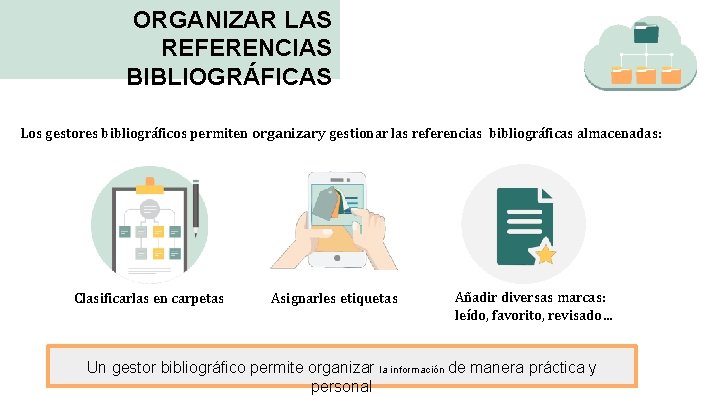 ORGANIZAR LAS REFERENCIAS BIBLIOGRÁFICAS Los gestores bibliográficos permiten organizar y gestionar las referencias bibliográficas