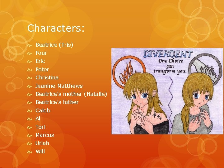 Characters: Beatrice (Tris) Four Eric Peter Christina Jeanine Matthews Beatrice’s mother (Natalie) Beatrice’s father