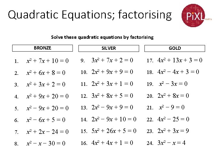 Quadratic Equations; factorising Solve these quadratic equations by factorising BRONZE GOLD SILVER 1. x²