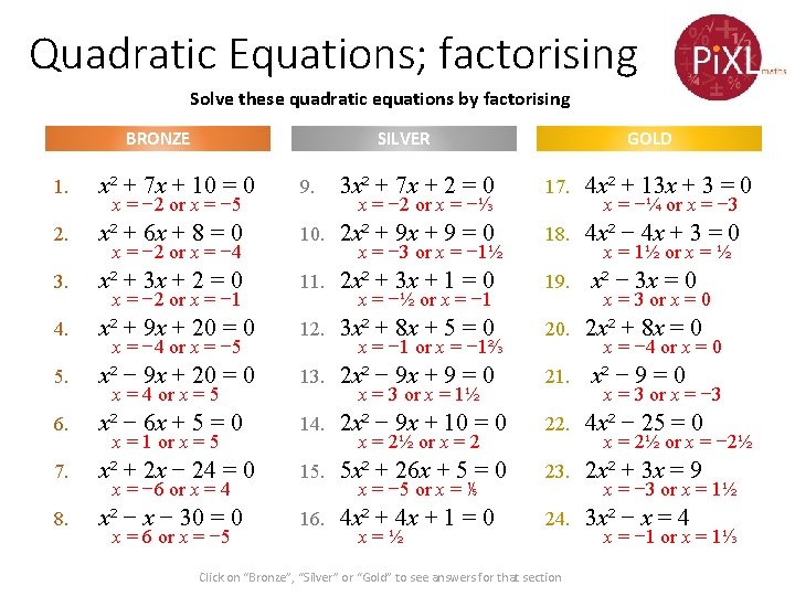 Quadratic Equations; factorising Solve these quadratic equations by factorising BRONZE SILVER GOLD 1. x²