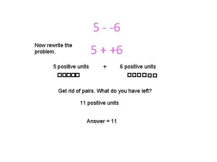 5 - -6 5 + +6 Now rewrite the problem. 5 positive units + 5 - -6 5 + +6 Now rewrite the problem. 5 positive units +