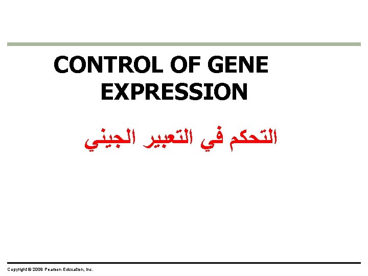 CONTROL OF GENE EXPRESSION ﺍﻟﺘﺤﻜﻢ ﻓﻲ ﺍﻟﺘﻌﺒﻴﺮ ﺍﻟﺠﻴﻨﻲ Copyright © 2009 Pearson Education, Inc.