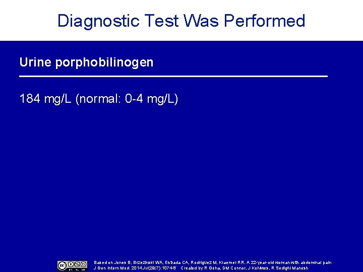 Diagnostic Test Was Performed Urine porphobilinogen 184 mg/L (normal: 0 -4 mg/L) Based on