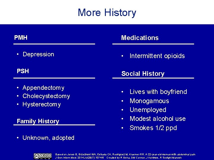 More. History More PMH Medications • Depression • Intermittent opioids PSH Social History •