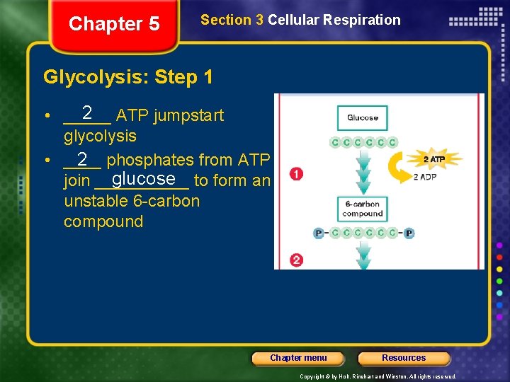 Chapter 5 Section 3 Cellular Respiration Glycolysis: Step 1 2 ATP jumpstart • _____