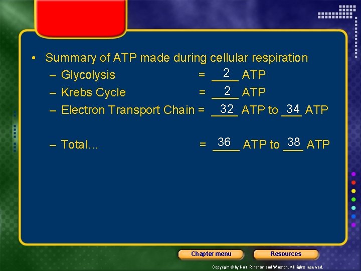  • Summary of ATP made during cellular respiration 2 ATP – Glycolysis =
