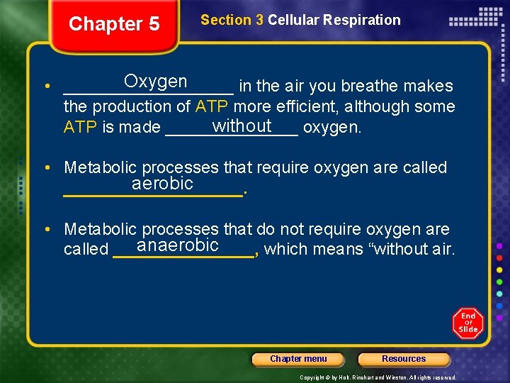 Chapter 5 Section 3 Cellular Respiration Oxygen • _________ in the air you breathe