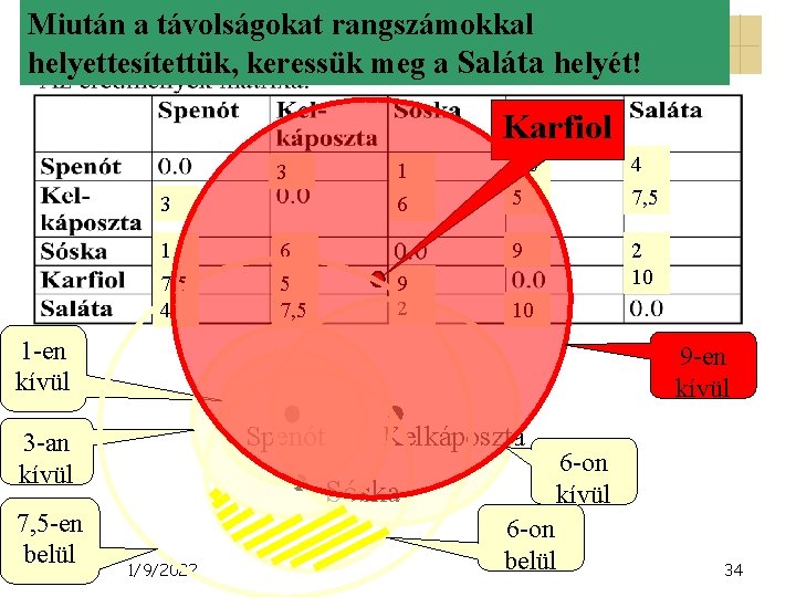 Miután a távolságokat rangszámokkal A nemmetrikus CMDS 2. helyettesítettük, keressük meg a Saláta helyét!