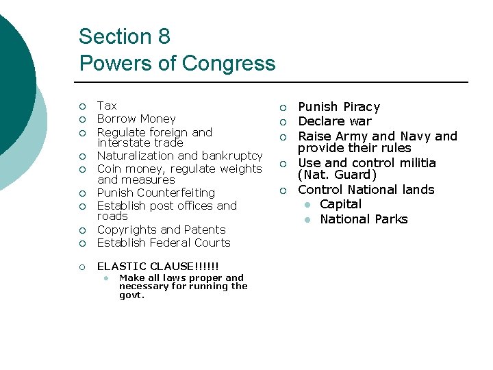 Section 8 Powers of Congress ¡ Tax Borrow Money Regulate foreign and interstate trade
