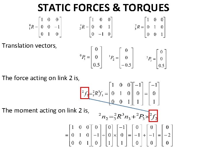 STATIC FORCES & TORQUES Translation vectors, The force acting on link 2 is, The