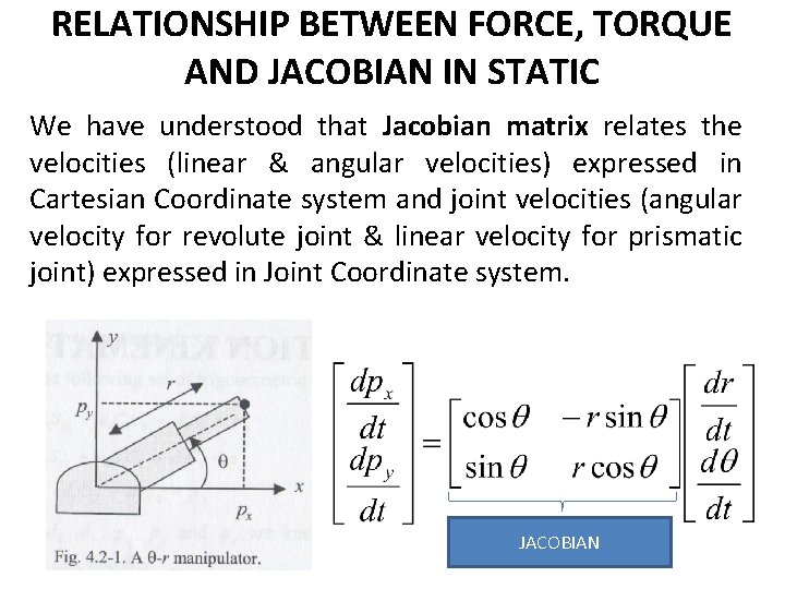RELATIONSHIP BETWEEN FORCE, TORQUE AND JACOBIAN IN STATIC We have understood that Jacobian matrix