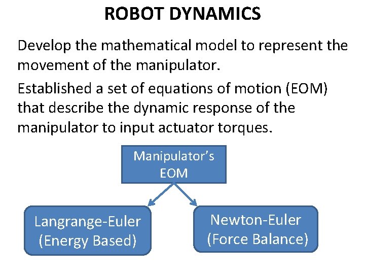ROBOT DYNAMICS Develop the mathematical model to represent the movement of the manipulator. Established