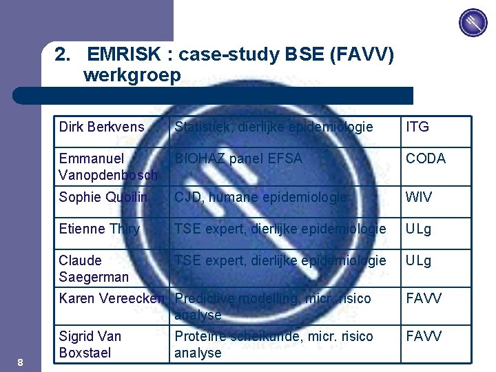 JPM 2. EMRISK : case-study BSE (FAVV) werkgroep 8 Dirk Berkvens Statistiek, dierlijke epidemiologie