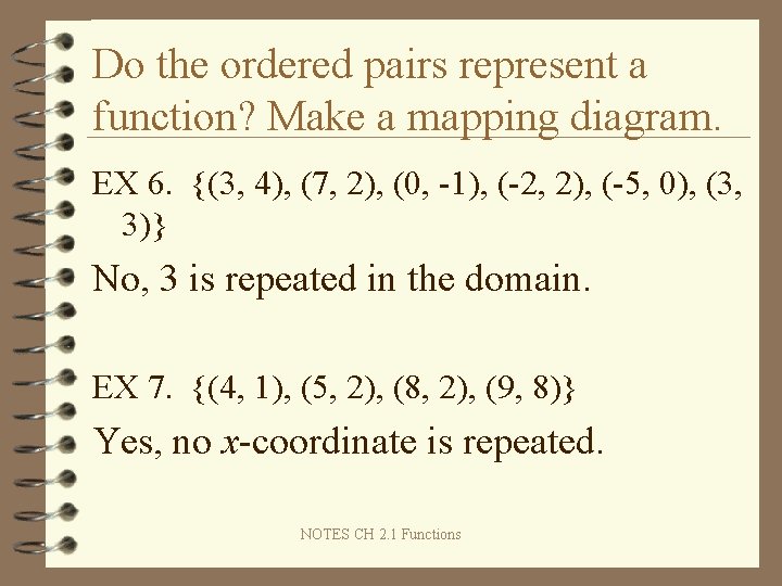 Do the ordered pairs represent a function? Make a mapping diagram. EX 6. {(3,