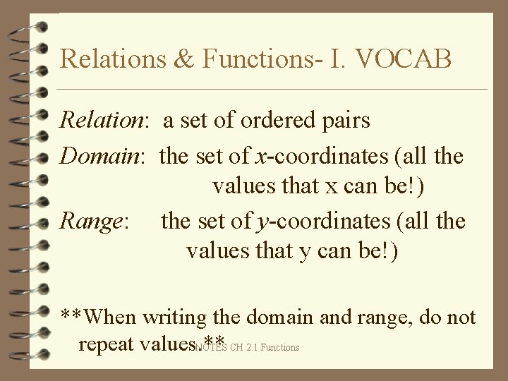 Relations & Functions- I. VOCAB Relation: a set of ordered pairs Domain: the set