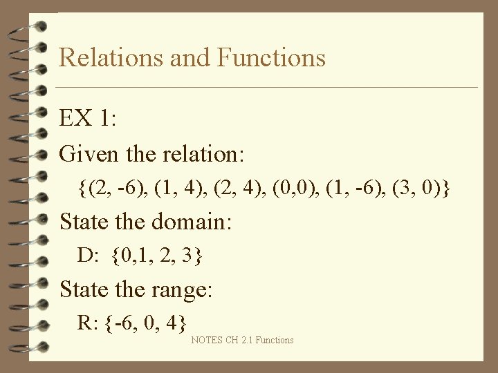 Relations and Functions EX 1: Given the relation: {(2, -6), (1, 4), (2, 4),