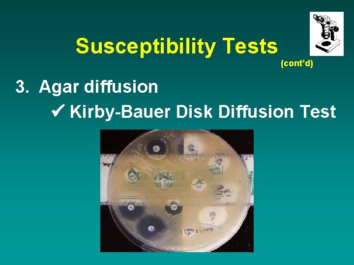 Susceptibility Tests (cont’d) 3. Agar diffusion Kirby-Bauer Disk Diffusion Test 