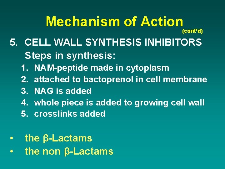 Mechanism of Action(cont’d) 5. CELL WALL SYNTHESIS INHIBITORS Steps in synthesis: 1. 2. 3.