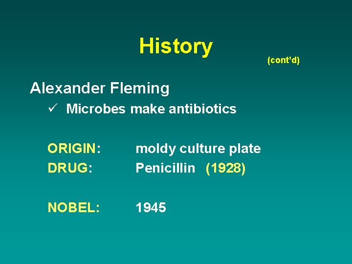 History Alexander Fleming ü Microbes make antibiotics ORIGIN: DRUG: moldy culture plate Penicillin (1928)