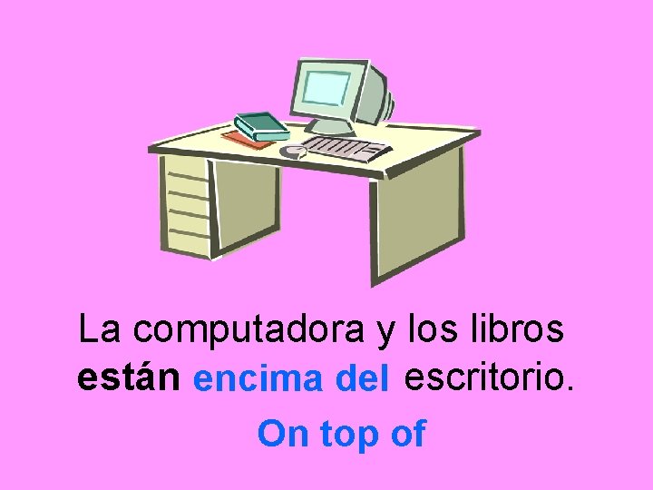 La computadora y los libros están encima del escritorio. On top of 