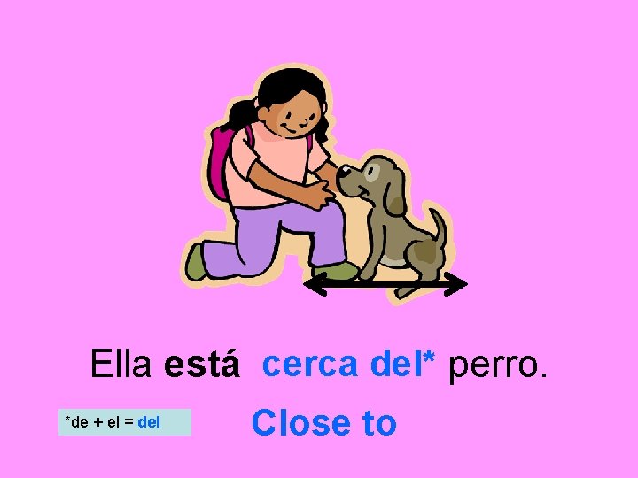 Ella está cerca del* perro. *de + el = del Close to 