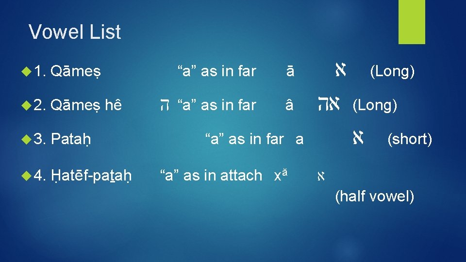 Vowel List 1. Qāmeṣ 2. Qāmeṣ hê 3. Pataḥ 4. Ḥatēf-pataḥ ה “a” as