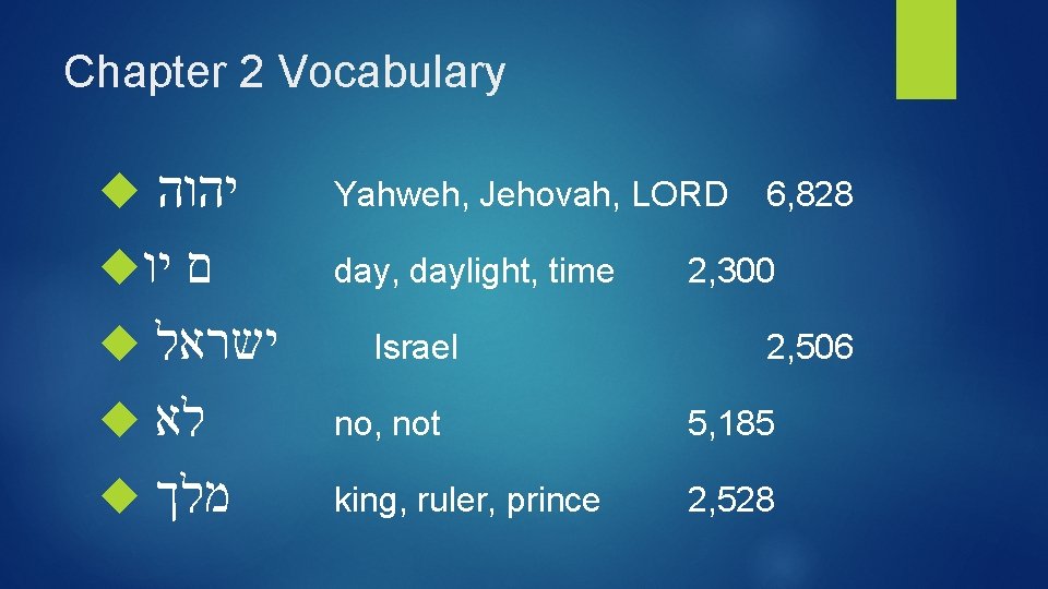 Chapter 2 Vocabulary יהוה ם יו ישראל לא מלך Yahweh, Jehovah, LORD day, daylight,