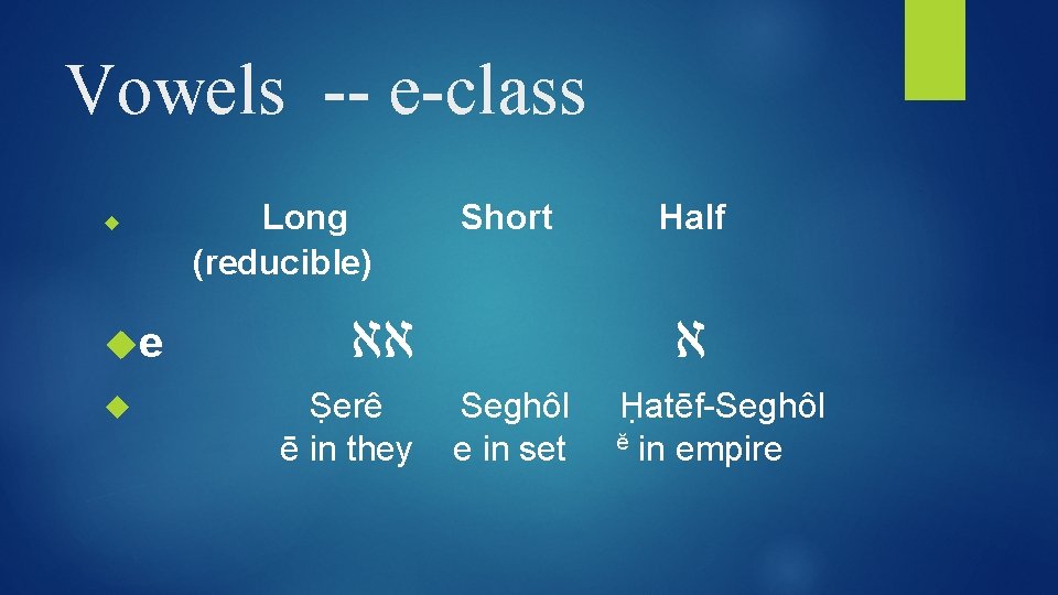 Vowels -- e-class e Long (reducible) Short אא Ṣerê ē in they Half א