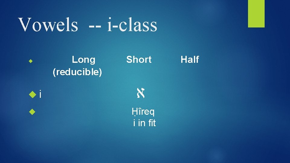 Vowels -- i-class i Long (reducible) Short א Ḥîreq i in fit Half 