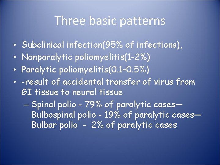 Three basic patterns • • Subclinical infection(95% of infections), Nonparalytic poliomyelitis(1 -2%) Paralytic poliomyelitis(0.