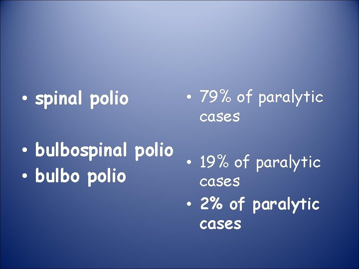  • spinal polio • 79% of paralytic cases • bulbospinal polio • 19%