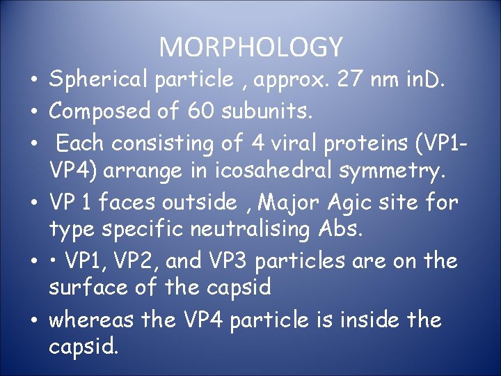 MORPHOLOGY • Spherical particle , approx. 27 nm in. D. • Composed of 60