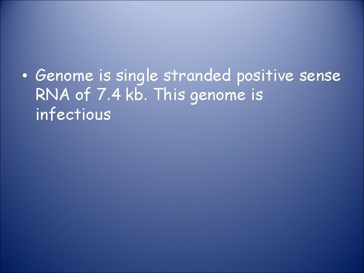  • Genome is single stranded positive sense RNA of 7. 4 kb. This