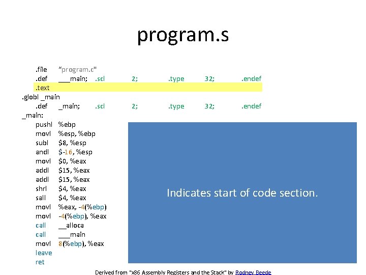 program. s. file “program. c". def ___main; . scl. text. globl _main. def _main;