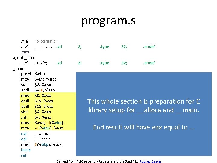 program. s. file “program. c". def ___main; . scl. text. globl _main. def _main;