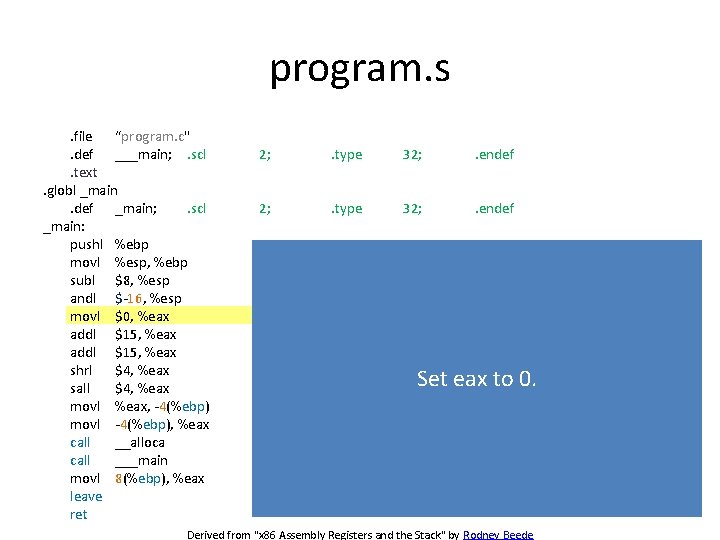 program. s. file “program. c". def ___main; . scl. text. globl _main. def _main;