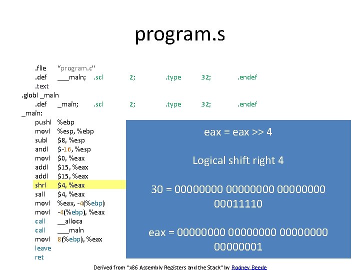 program. s. file “program. c". def ___main; . scl. text. globl _main. def _main;
