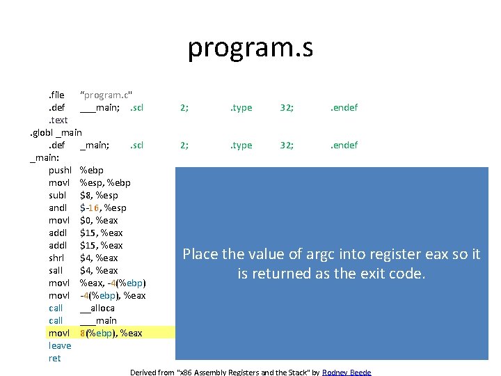 program. s. file “program. c". def ___main; . scl. text. globl _main. def _main;