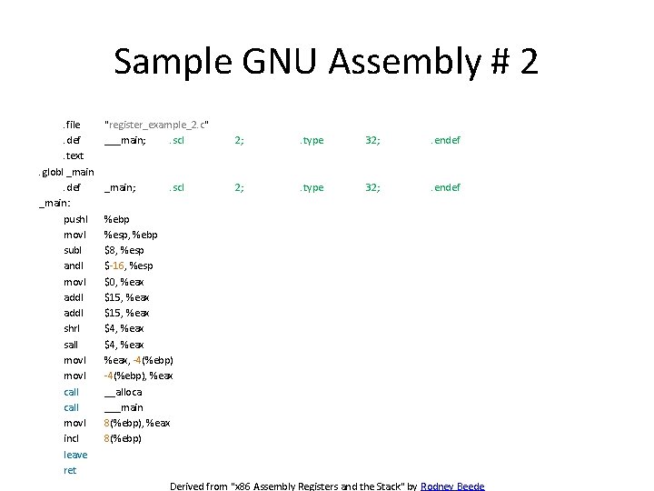 Sample GNU Assembly # 2. file. def. text. globl _main. def _main: pushl movl