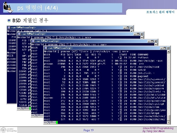 ps 명령어 (4/4) 프로세스 관리 명령어 BSD 계열인 경우 Page 19 Linux/UNIX Programming by