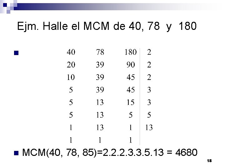Ejm. Halle el MCM de 40, 78 y 180 n n MCM(40, 78, 85)=2.