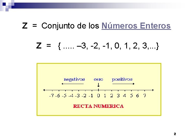 Z = Conjunto de los Números Enteros Z = {. . . – 3,