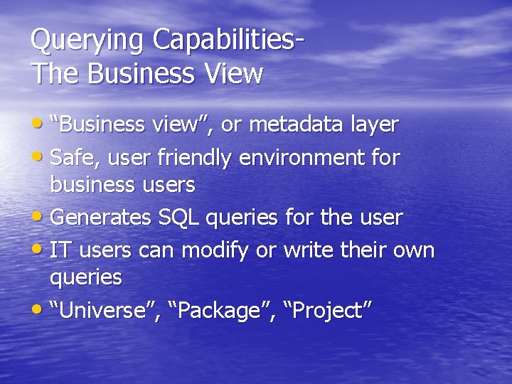 Querying Capabilities. The Business View • “Business view”, or metadata layer • Safe, user