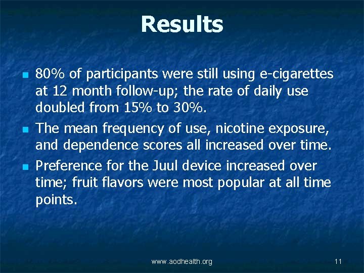 Results n n n 80% of participants were still using e-cigarettes at 12 month
