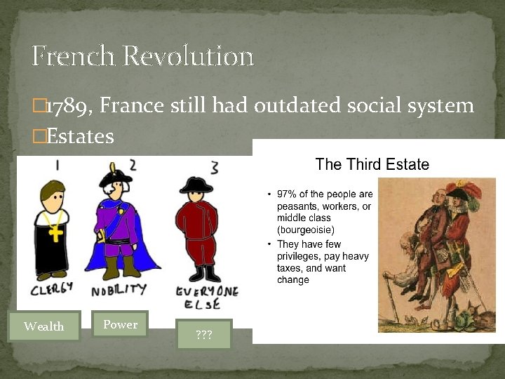 French Revolution � 1789, France still had outdated social system �Estates Wealth Power ?