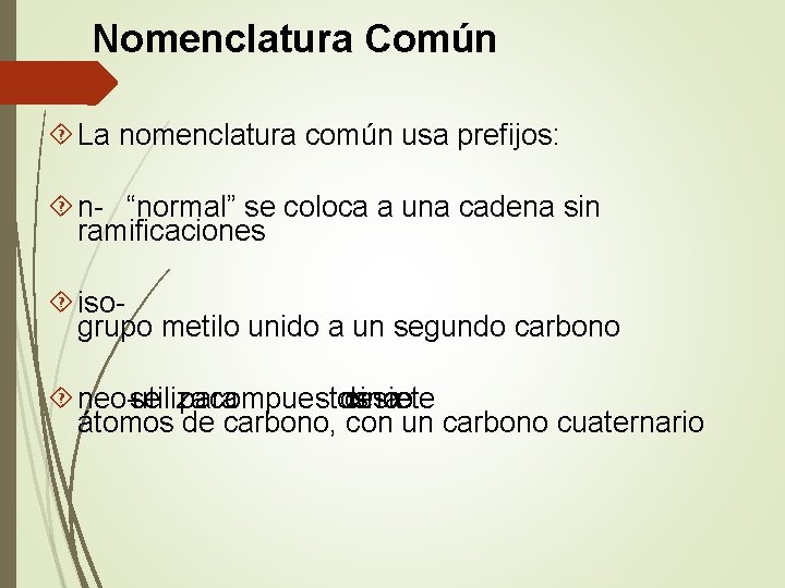 Nomenclatura Común La nomenclatura común usa prefijos: n- “normal” se coloca a una cadena